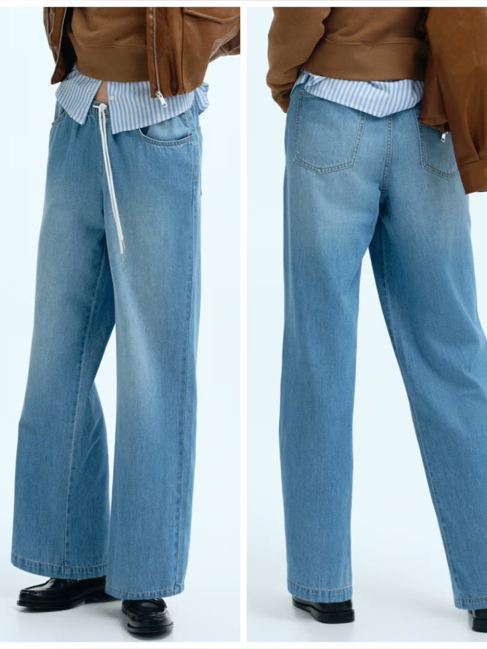 New H&M Drawstring Wide Leg Jeans in Light Blue Denim